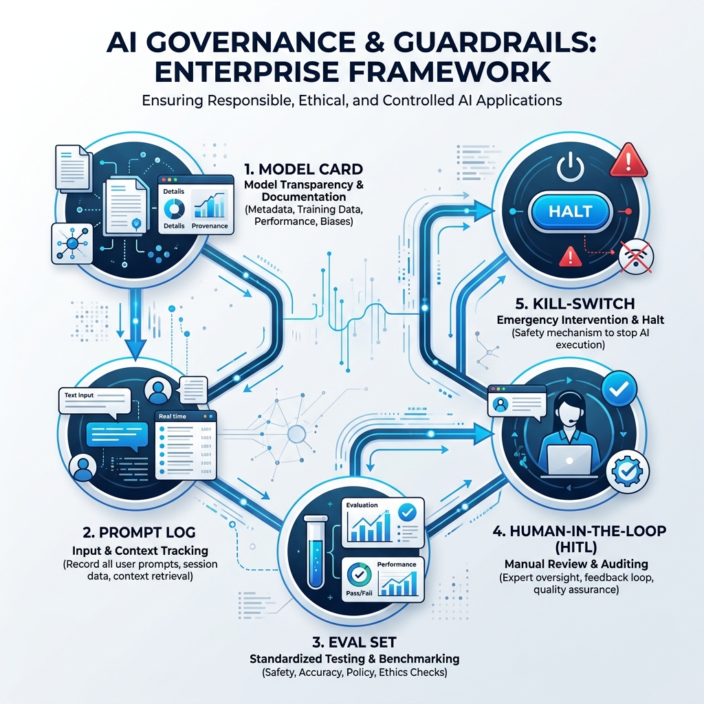AI Governance and Guardrails: Model Card, Prompt Log, Eval Set, HITL, Kill-Switch