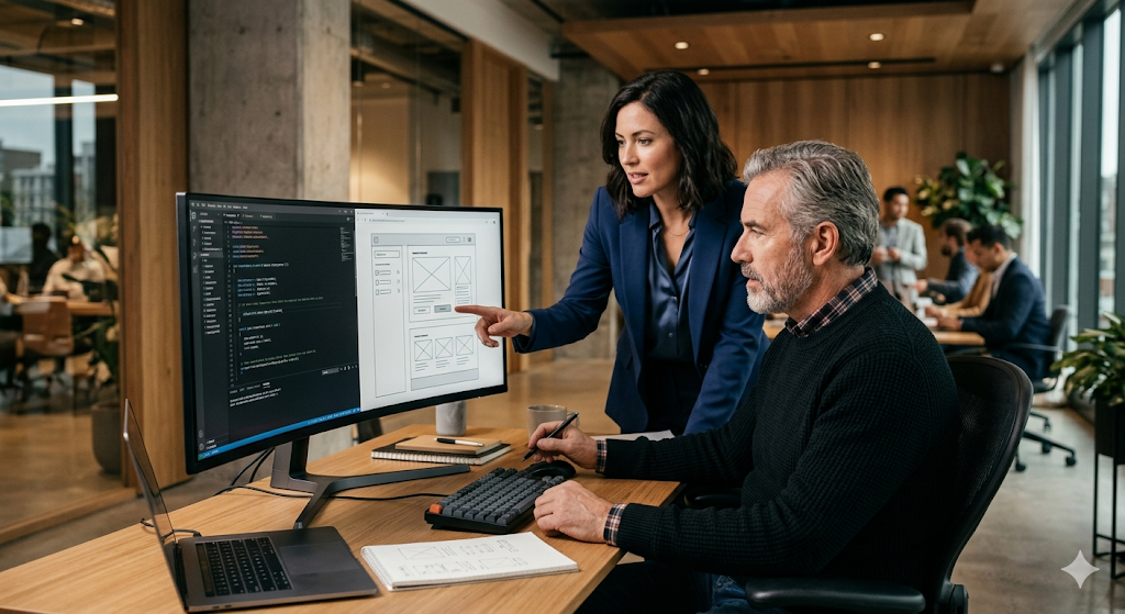 Engineers collaborating on custom software