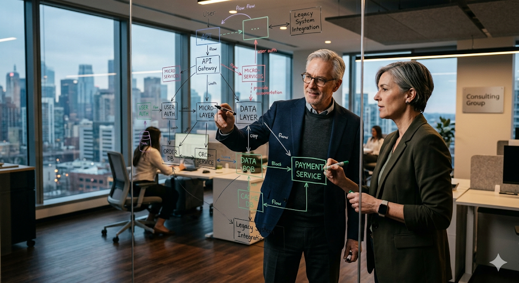 Team collaborating on the 4-node connected architecture