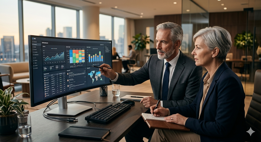 Consultants reviewing Zoho CRM dashboard